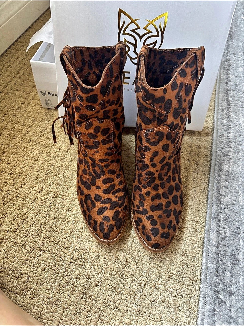BEAST Fashion Leopard Print Fringe Ankle Boots, US 6
